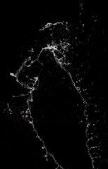 Shape form throw of Water splashes into drop water attack fluttering in air and stop motion freeze shot. Splash Water for explosion texture graphic resource elements, black background isolated