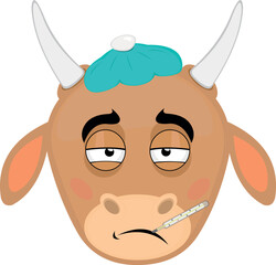 vector illustration face of a sick cartoon cow, with a thermometer in her mouth and a bag of water on her head