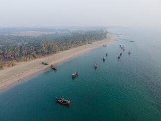 Aerial View of Fishing Boats at Saint Martin Island Bangladesh. Boats on the beach