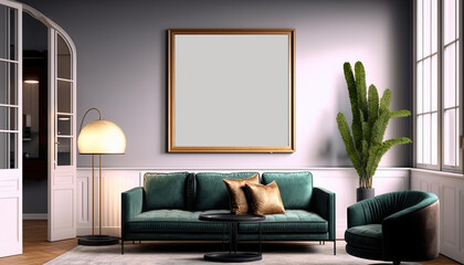 frame poster mockup on the wall, modern and well decorated living room interior