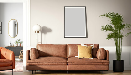 frame poster mockup on the wall, modern and well decorated living room interior