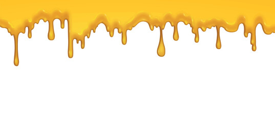Honey drops on white background. Template, layout ad mock up. Place for text and presentations. Delicious honey flowing from edge, cafe, shop and bakery menu. Cartoon flat vector illustration