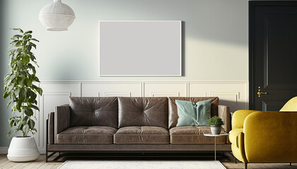frame poster mockup on the wall, modern and well decorated living room interior