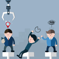 Three men with differrence characters waiting for choose by the robotic arms,cartoon concept - vector