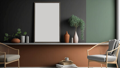 frame poster mockup on the wall, modern and well decorated living room interior