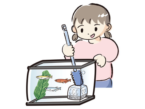 recommend clip art: メダカのお世話をする女の子（水槽の掃除）