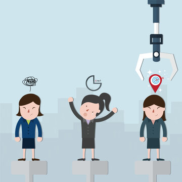 Three women with differrence characters waiting for choose by the robotic arms,cartoon concept - vector