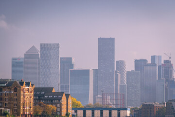 Panoramic view of London's buildings from the River Thames. United Kingdom.