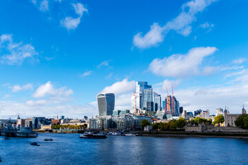 Panoramic view of London's buildings from the River Thames. United Kingdom.