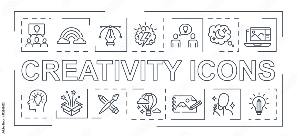 Poster creativity line banner. collection of icons for website, cognitive capabilities and logical thinking