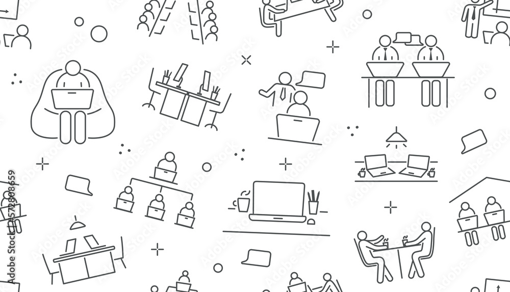 Poster coworking seamless pattern. repeating design element for printing on fabric. partners, team and coll