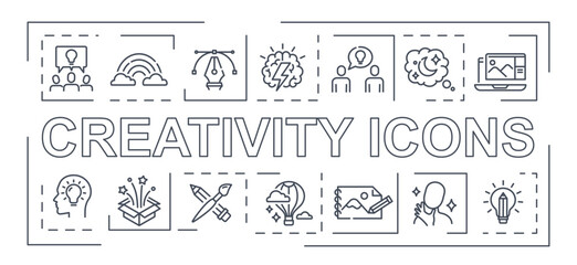 Creativity line banner. Collection of icons for website, cognitive capabilities and logical thinking. Planning and goal setting, art, inspiration and insight. Cartoon flat vector illustration