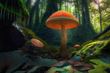orange mushroom with glowing cap in the jungle and selective focus in woods. Generative AI.