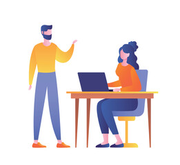 Business meeting concept. Man and woman at laptop discussing project. Colleagues and partners in office. Chief and subordinate. Communication and interaction. Cartoon flat vector illustration