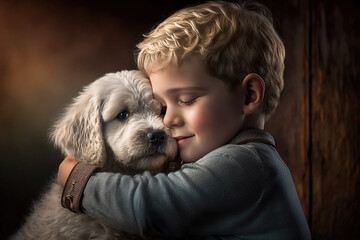 Puppy love with a young boy hugging his dog.  Generative AI.