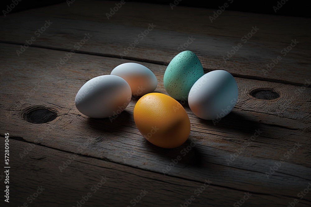 Poster a top-down view of several eggs sitting on some wood generative ai
