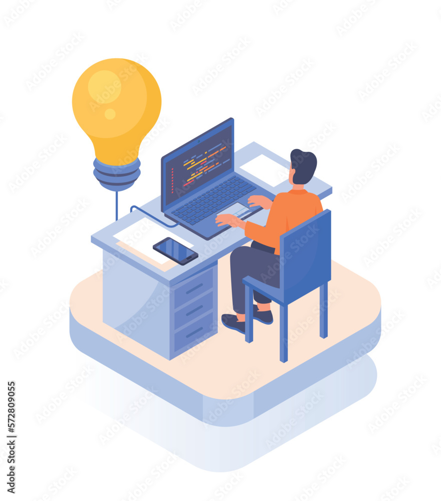 Poster business development concept. man with light bulb sits at laptop and writes code, develops program, 