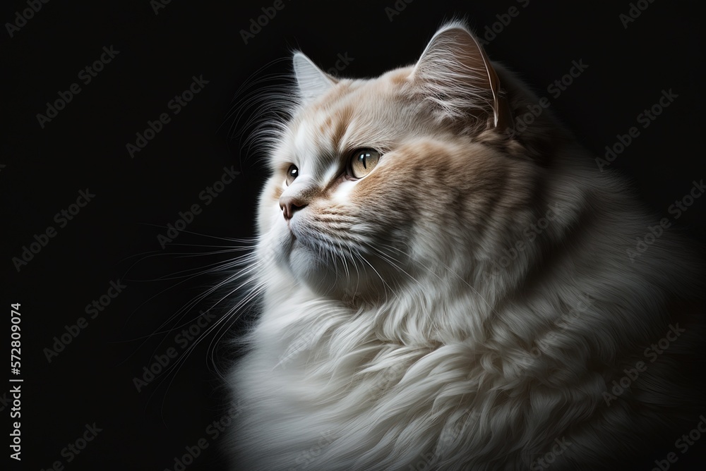 Poster a chubby white cat is shown in a vertical closeup as it peers to the right in the shadows. generativ