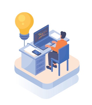 Business development concept. Man with light bulb sits at laptop and writes code, develops program, app and website. IT specialist or programmer at workplace. Cartoon isometric vector illustration
