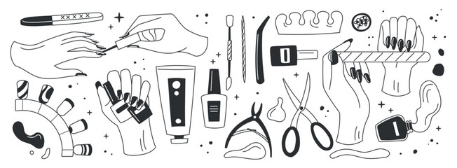 Manicure black icons set. Nailcare set, scissors and varnishes, cute female hands with nail file. Collection of equipment for nails. Cartoon flat vector illustrations isolated on white background