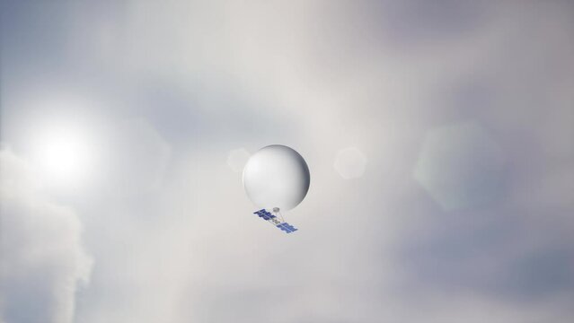 3d render animation of concept spy balloon military equipment with camera on sky with clouds solar panels for news todays video blue background