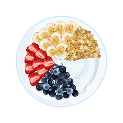 Healthy breakfast, yogurt with blueberries, strawberries, bananas and oat wheat. Low calorie food. Hight nutrition low fat menu. Authentic breakfast menu vector drawing illustration on white.