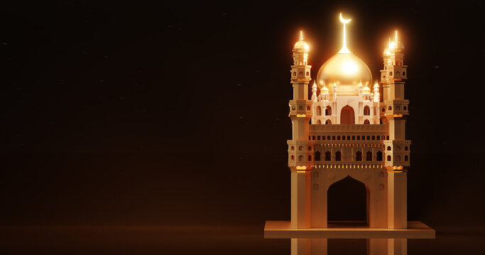 3D Render golden mosque for happy ramadan celebration banner background