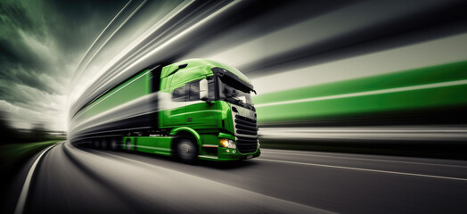 Fototapeta na wymiar Green cargo trailer truck, logistic delivery lorry on highway illustration, cargo concept art generative ai