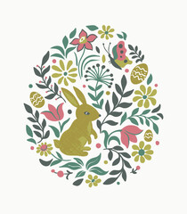 Easter rabbit greeting card. Scandinavian style. Floral pastel background. Vector illustration.