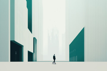 Minimal graphic design of businessman in office building background. Generative ai.