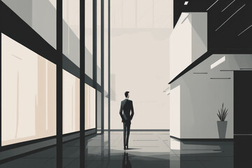 Minimal graphic design of businessman in office building background. Generative ai.