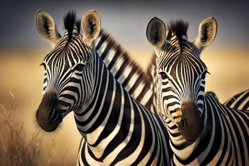 Masai Mara, Kenya, on a safari, with zebras standing side by side. Generative AI - obrazy, fototapety, plakaty
