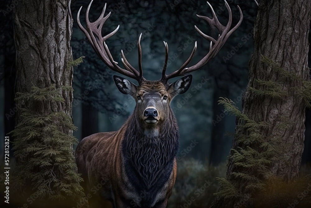 Poster close-up of an observant stag hidden behind a tree in a vertical shot generative ai