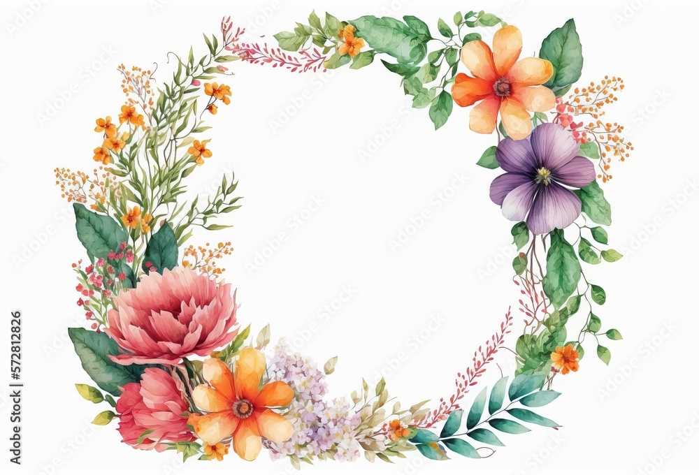 Wall mural illustration de cadre floral sans texte, avec espace vide et fond blanc, aspect peinture aquarelle