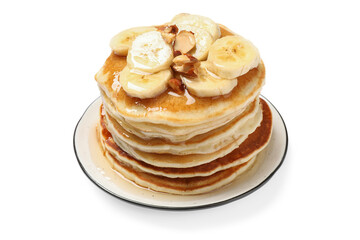 Tasty pancakes with sliced banana isolated on white