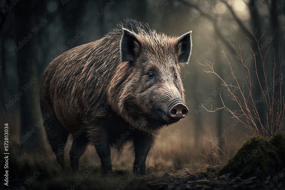 Poster the wild boar seems to be searching for sustenance. generative ai