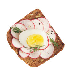 Tasty sandwich with boiled egg and radish on white background, top view