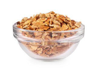 Bowl of dried orange zest seasoning isolated on white