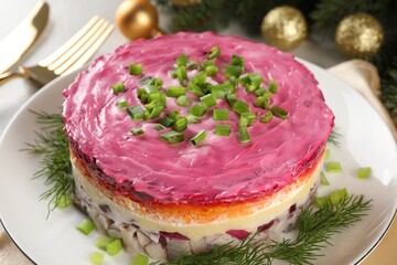 Herring under fur coat salad and Christmas decor on light grey table, closeup. Traditional Russian dish
