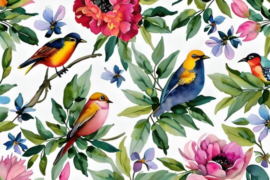 bird, flowers, frame, twigs, watercolor painting, landscape, modern, minimalist
