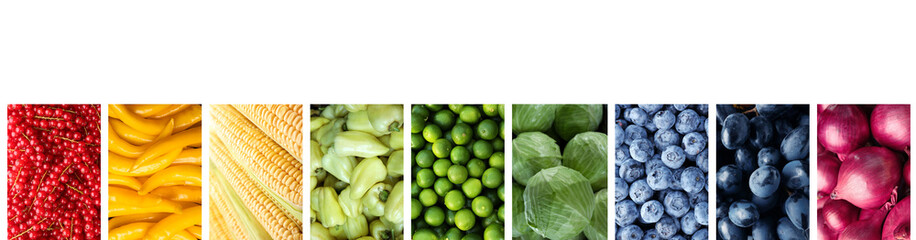 Collage with many different ripe fruits and vegetables on white background