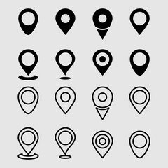 Map pointer icon, location labels. Set of location labels. Set of vector location icons isolated on white background..eps
