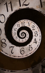 Infinity and other time related concepts. Twisted hour numbers. Clock with spiral effect