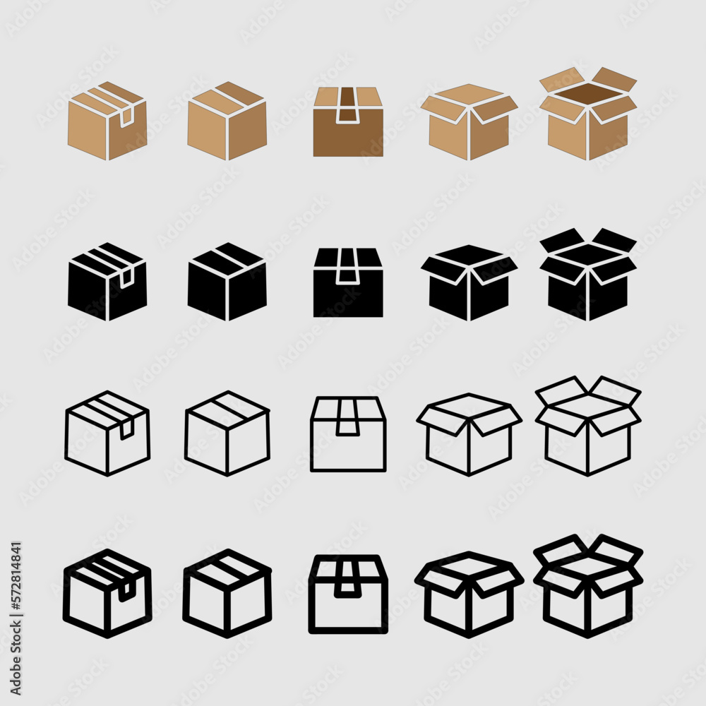 Poster boxes icon set. set of shipping, delivery box or container icons. vector icons set in white backgrou
