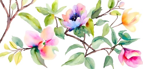 bird, flowers, frame, twigs, watercolor painting, landscape, modern, minimalist