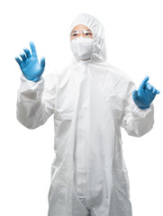 Worker wears medical protective suit or white coverall suit finger point isolated on white