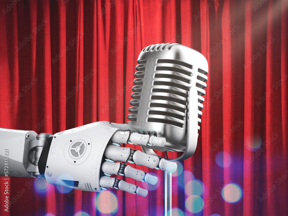 Poster ai music composer or generator with singer robot hold microphone