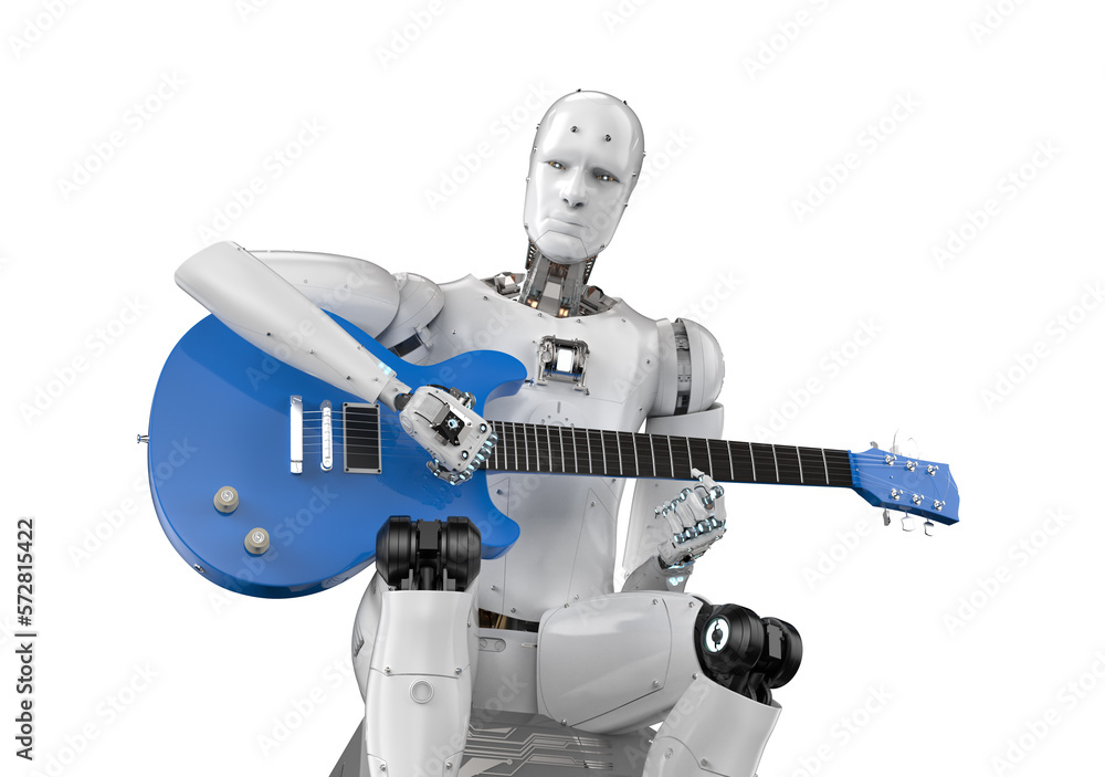 Poster ai music composer or generator with robot play guitar