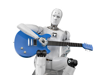 Naklejka premium Ai music composer or generator with robot play guitar