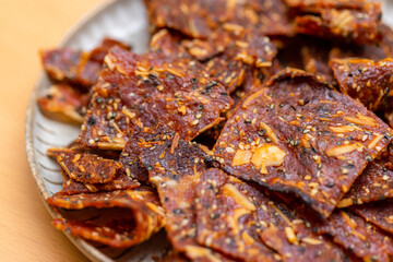Pile of sliced crispy pork jerky